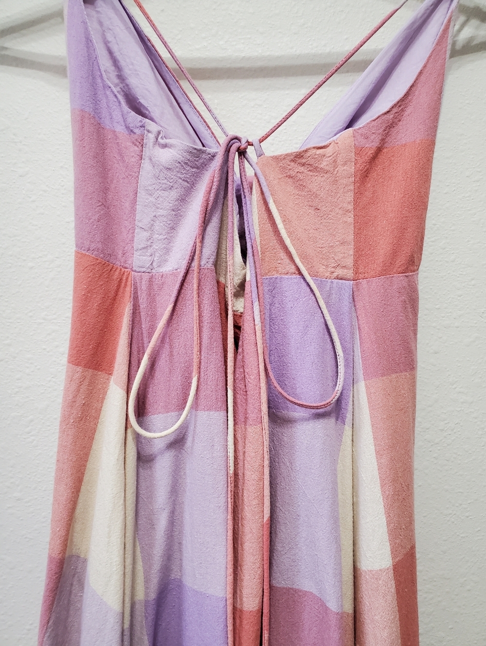 Dress Forum LA Ally Plaid Maxi Dress Lavender Coral Tie-back Front Slit Lined - Picture 4 of 16